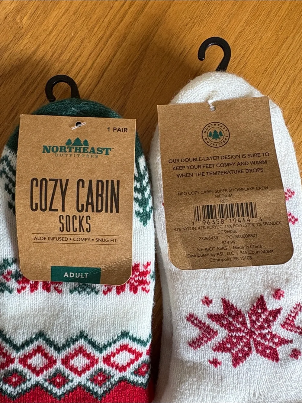 Two pair of Cozy Cabin Holiday Crew Socks by North + East - Red & Green (Adult)